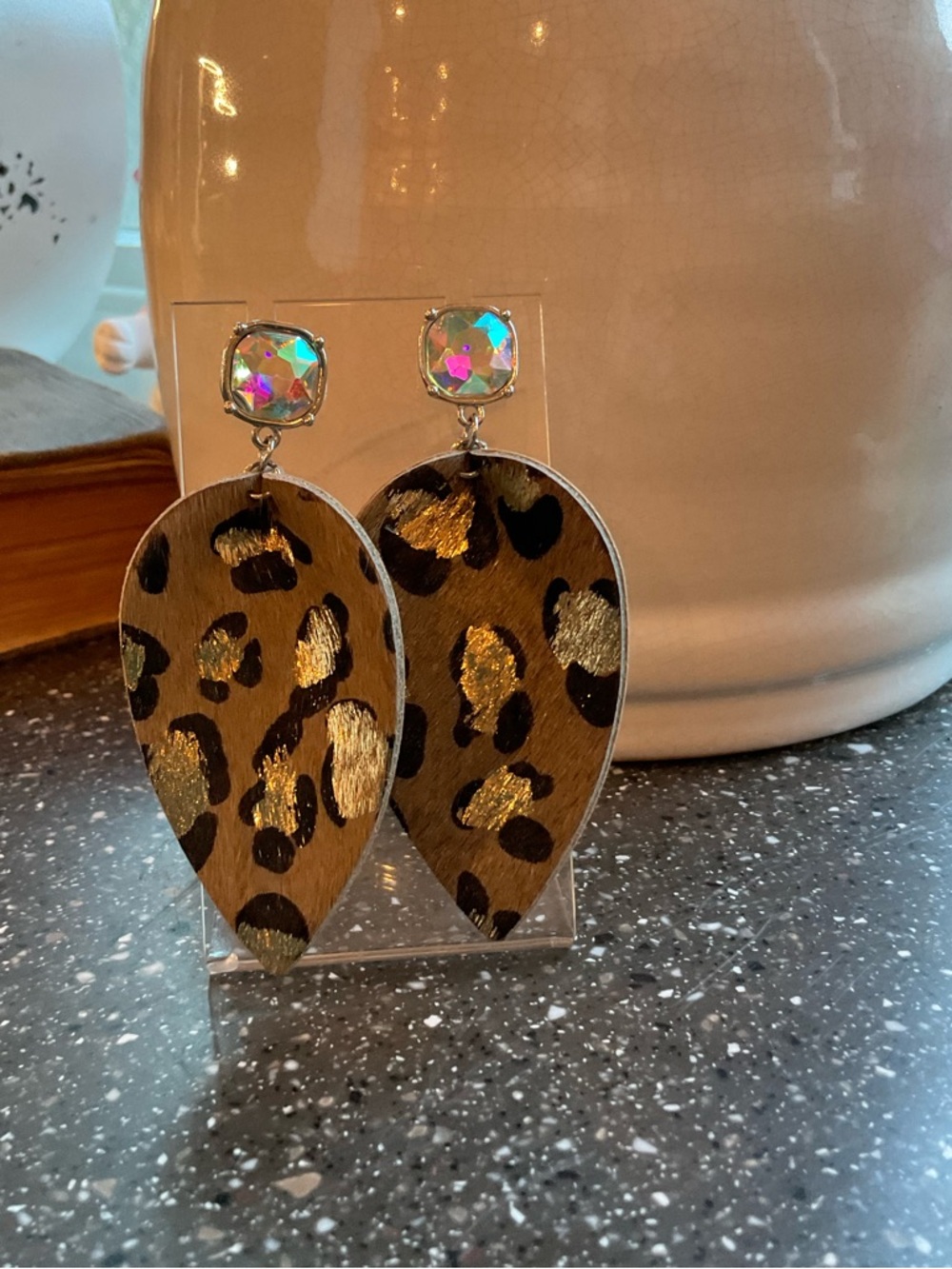 Leopard Print Teardrop Earrings with Iridescent Studs - Brown